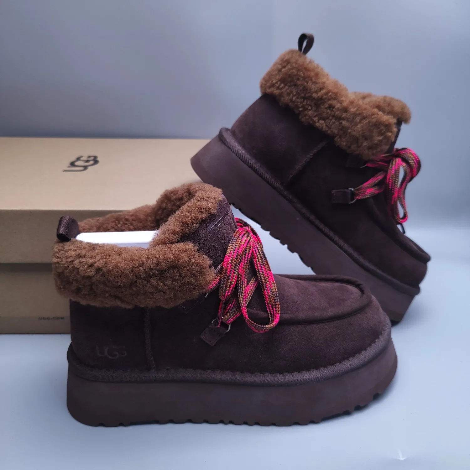 💰560 UGG sheepskin all-in-one snow boots 3954 thick-soled lace-up women's boots Color: Maroon Black Chocolate Brown Gray Size: 35-41